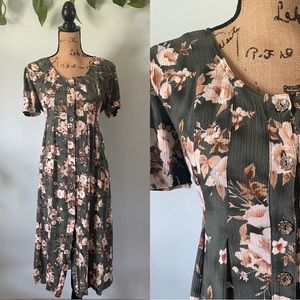 Vintage 90s Sage Green Floral Button Front Baby Doll Shirt Dress With Tie Back